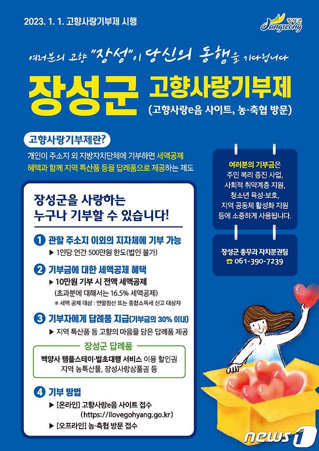 장성군 고향사랑기부제 소개 포스터.(장성군 제공)2023.3.20./뉴스1