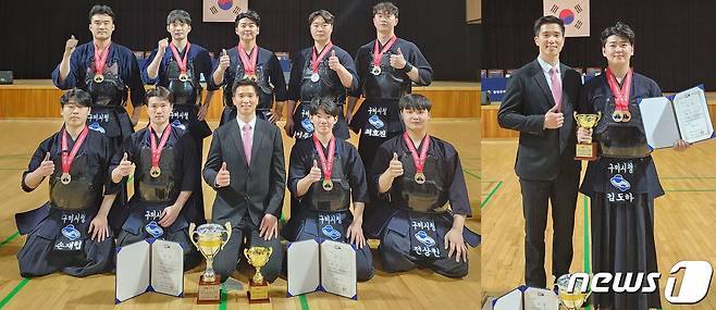 '제27회 전국실업검도선수권대회' 단체전 준우승을 한 구미시청 검도팀(왼쪽)과 4단부 3위를 차지한 김도하 선수와 이강호 감독 (구미시 제공) 2023.3.20/뉴스1