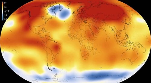 2015년 평균 기온을 나타내는 사진. 노란색, 오렌지색, 빨간색으로 표시된 영역이 평균 온도 이상인 부분을 나타낸다. (사진= Scientific Visualization Studio/Goddard Space Flight Center)