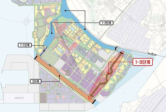 인천경제자유구역청은 상반기 워터프런트 1-3단계 ‘유수지 친수공간 조성 설계 용역’을 발주해 내년 본격적인 공사를 진행할 계획이다. 사진은 송도 워터프런트 사업 1-3단계 사업 위치도.