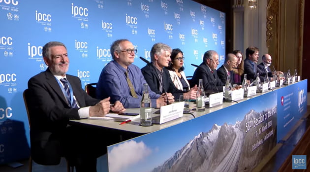 20일(현지시간) 스위스 인터라켄에서 발표된 IPCC 보고서 설명회.사진=IPCC 유튜브 화면 갈무리