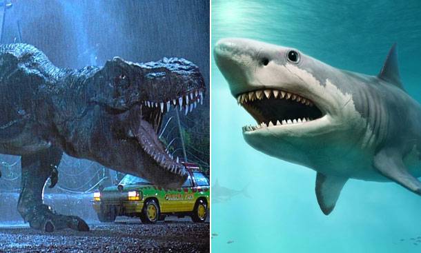 [핵잼 사이언스] ‘무는 힘’ 가장 강한 동물은 티라노? 메갈로돈? / 사진=티라노사우루스 렉스(왼쪽)와 메갈로돈의 모습. 유니버셜 픽처스, 123rf
