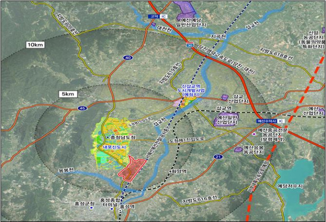내포신도시 미래 신산업 국가산업단지’ 후보지로 선정돼 토지거래 허가구역으로 지정된 충남 홍성군 홍북읍 일원(붉은 색). 사진제공=충남도