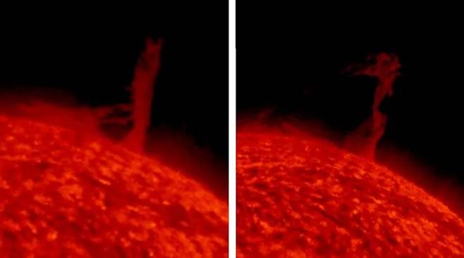 최근 태양에서 우주를 향해 치솟아 오르는 토네이도 현상이 포착됐다.