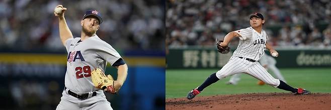 월드베이스볼클래식(WBC) 결승에서 선발 맞대결을 펼칠 미국의 메릴 켈리(왼쪽사진)와 일본의 이마나가 쇼타. AP연합뉴스