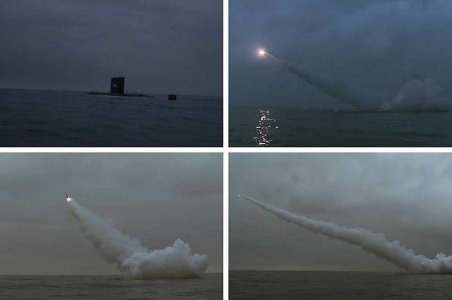 북한이 지난 12일 동해 경포만 수역에서 잠수함발사순항미사일(SLCM)을 발사하고 있다. /노동신문 뉴스1