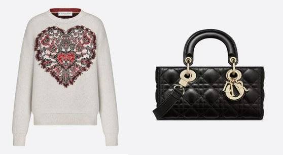 디올 에크루 테크니컬 캐시미어 울 니트(왼쪽)와 레이디 디조이 가방. [사진=디올 홈페이지]
