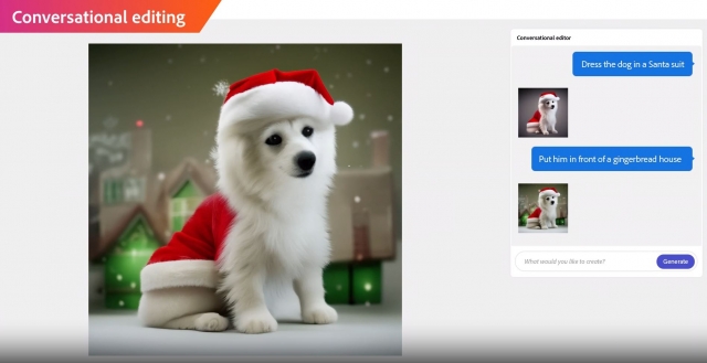 포토샵 프로그램으로 유명한 어도비가 ‘표절 없는’ 생성형 AI 이미지 프로그램을 출시했다. '산타 옷을 입은 강아지'를 그려달라는 식으로 텍스트를 입력하면 그에 맞는 그림(사진)을 만들어 준다. 어도비 홈페이지 캡처.