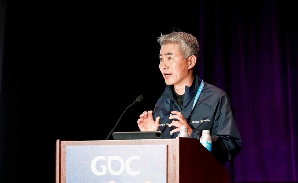 장현국 위메이드 대표가 지난 21일(현지시각) GDC 2023에서 '게임의 미래: 인터게임 플레이를 넘어'라는 주제로 블록체인 기술의 중요성을 강조했다./사진=위메이드