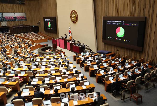 23일 오후 열린 국회 본회의에서 양곡관리법 일부개정법률안(대안)에 대한 수정안이 통과되고 있다. (사진=노진환 기자)