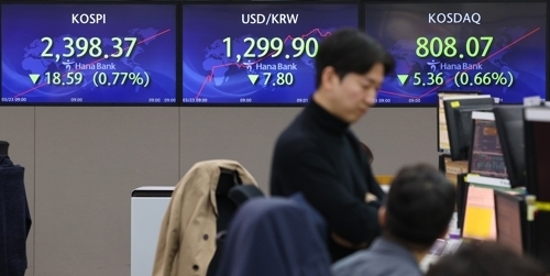 23일 오전 서울 중구 하나은행 딜링룸 스크린에 코스피와 원/달러 환율이 표시돼 있다. [사진제공 = 연합뉴스]