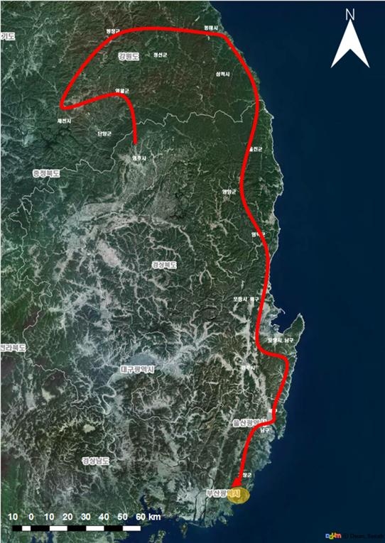 SKM-2121이 이동한 경로. 소백산 일원에서 부산까지 200km를 움직였다. 국립공원공단 제공