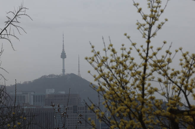 미세먼지 농도가 '나쁨'을 보인 24일 오전 서울 남산타워가 먼지에 덮여있다. 연합뉴스