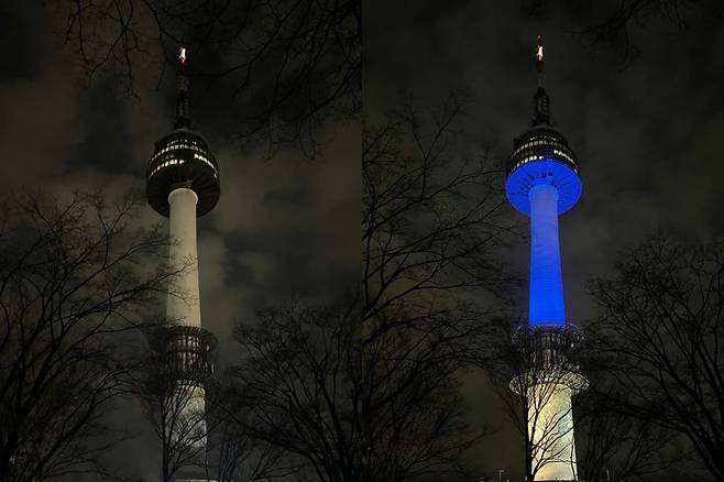 [서울=뉴시스] 임철휘 기자 = 어스아워를 맞아 25일 오후 8시30분께 서울 남산타워(왼쪽) 불이 꺼졌다.  오른쪽 사진은 불 꺼지기 직전 남산타워. fe@newsis.com 2023..03.25. *재판매 및 DB 금지