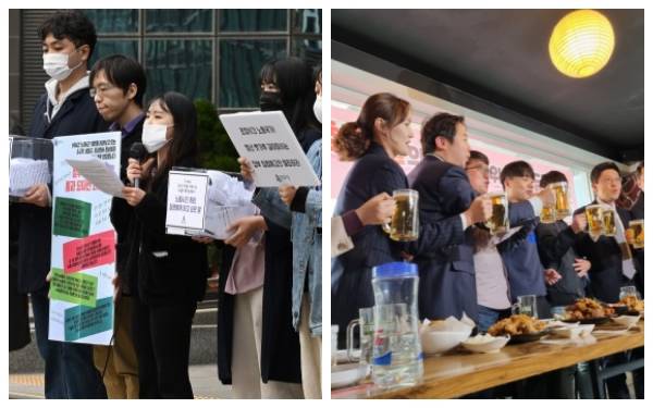 왼쪽 사진은 '청년유니온' 대표단이 24일 서울 중구 서울고용노동청 앞에서 이정식 고용노동부 장관과 간담회에 앞서 기자회견을 하고 있는 모습이다. 오른쪽 사진은 국민의힘과 새로고침노동자협의회 등 청년 근로자가 같은 날 서울 종로구 한 호프집에서 간담회를 열고 있는 모습이다. 연합뉴스