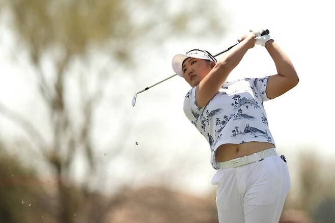 유해란이 26일 열린 LPGA 투어 드라이브 온 챔피언십 3라운드에서 아이언 티 샷을 하고 있다.(사진=AFPBBNews)