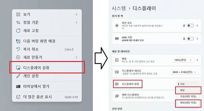 바탕화면 마우스 오른쪽 클릭 메뉴를 통해 디스플레이 설정으로 이동, 디스플레이 방향을 세로로 바꿔줄 수 있습니다.(출처=IT동아)