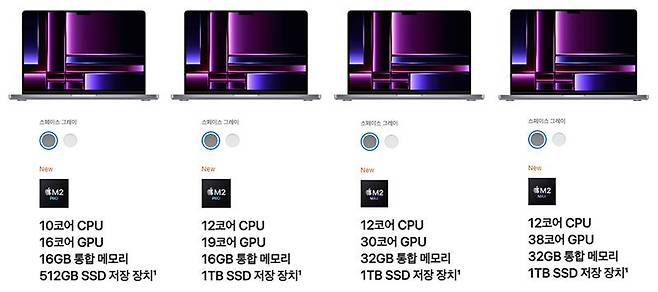 맥북 프로 14와 16 모두 M2 프로를 기본 탑재하고, M2 맥스를 추가로 지원한다. 다만 세부적인 선택지는 코어 수에 따라 네 종류로 나뉘고, 통합 메모리도 16GB~96GB까지 또 나뉜다. 출처=IT동아