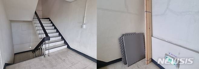 [의정부=뉴시스] 김도희 기자 = 20일 오후 엘리베이터가 없는 경기벤처창업지원센터 의정부1센터 내부 모습. 벽 곳곳이 갈라져 있고 물건이 방치돼 있다. 2023.03.20 kdh@newsis.com