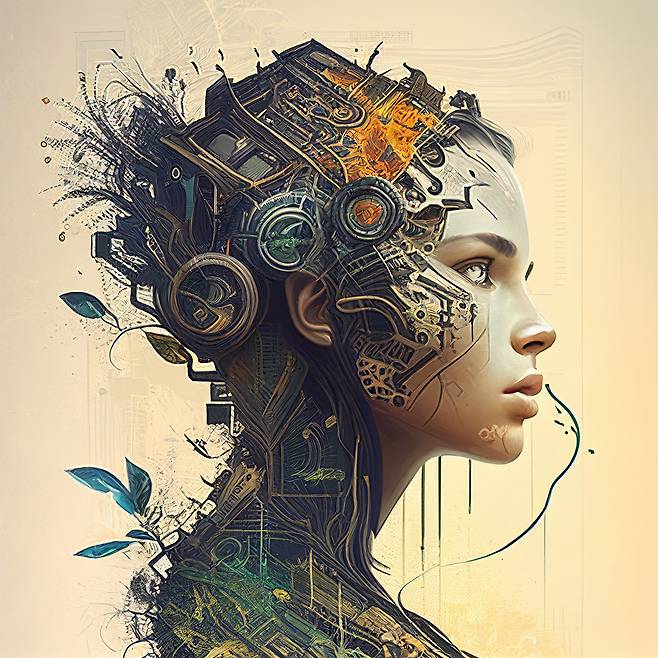 〈그림 5〉 챗지피티가 제안한 제시어(‘인공지능의 진화를 표현하는 예술 작품을 만들라’)로 이미지 생성 AI 미드저니가 만든 그림 네 개 중 하나. 〈시사IN〉 커버 이미지를 장식했다.ⓒ미드저니