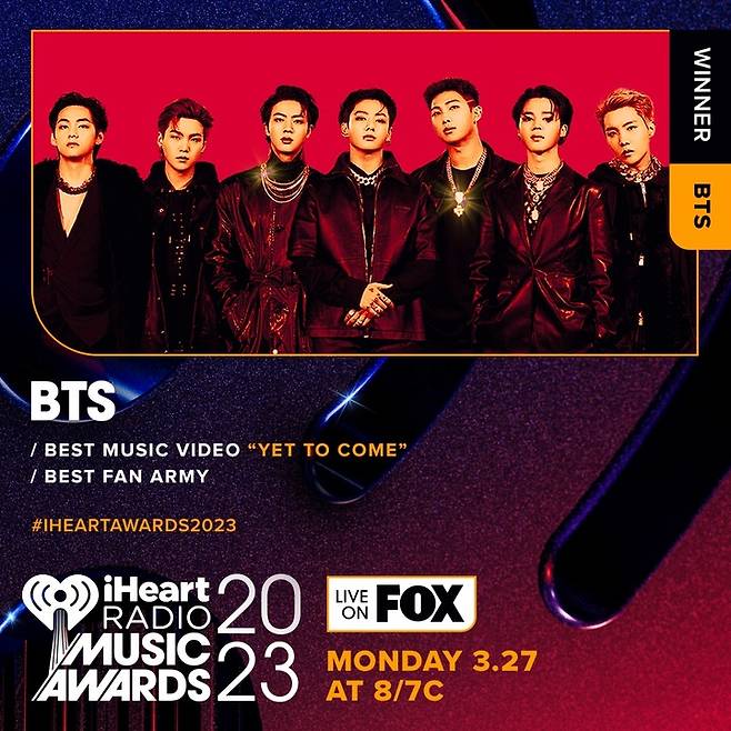 [서울=뉴시스] 방탄소년단_아이하트라디오 뮤직 어워드 수상 갈무리. 2023.03.28. (사진 = iHeartRadio Music Award 2023 제공) photo@newsis.com *재판매 및 DB 금지