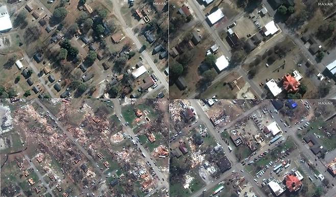 미국 상업위성업체 맥사 테크놀로지가 포착한 토네이도가 강타하기 전과 후의 롤링포크 마을의 모습.