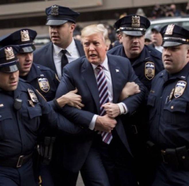 경찰에 체포되는 트럼프 전 미국 대통령의 모습이 담긴 가짜 사진. 해당 사진은 AI가 생성한 가짜 사진이다. /사진=트위터