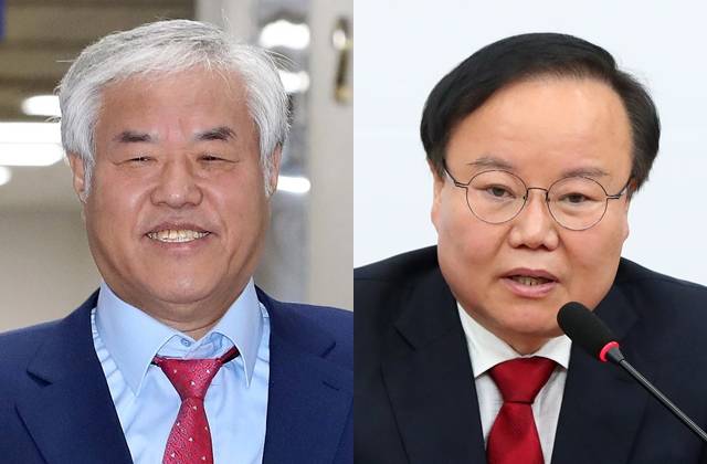 전광훈 사랑제일교회 목사(왼쪽 사진)과 김재원 국민의힘 최고위원. 공동취재사진, 뉴시스