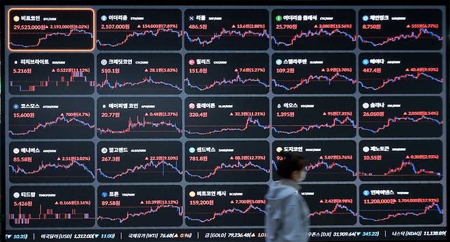 13일 서울 강남구 빗썸고객센터에 비트코인 등 가상화폐의 실시간 거래 가격이 표시돼 있다. 연합뉴스 제공.