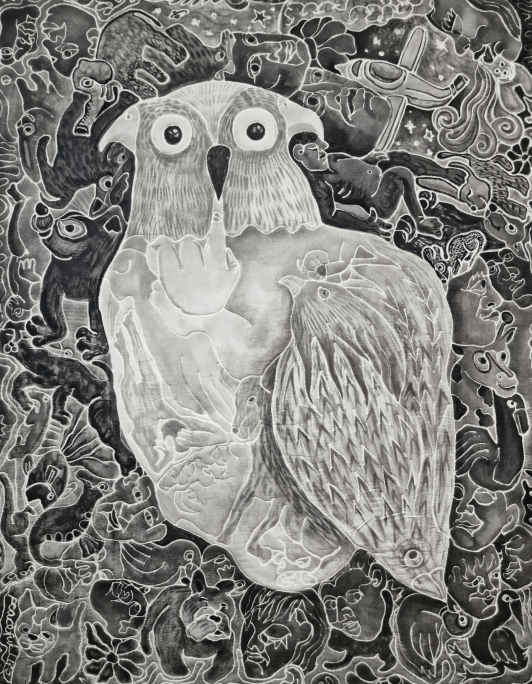 Harmony-Black and White-Space Owl_h117 x w91cm(50F)_광목 위에 재봉틀로 드로잉, 먹과 아크릴 채색_2023