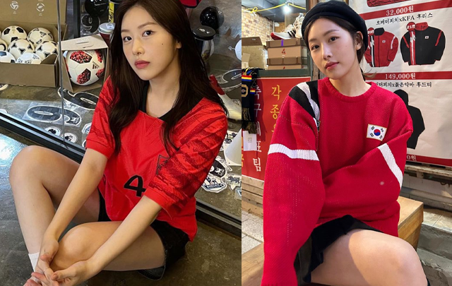 한국 축구대표팀 유니폼(왼쪽)과 오버더피치 의류를 입고 포즈를 취하고 있는 헤즈(홍의진). 출처=헤즈 SNS