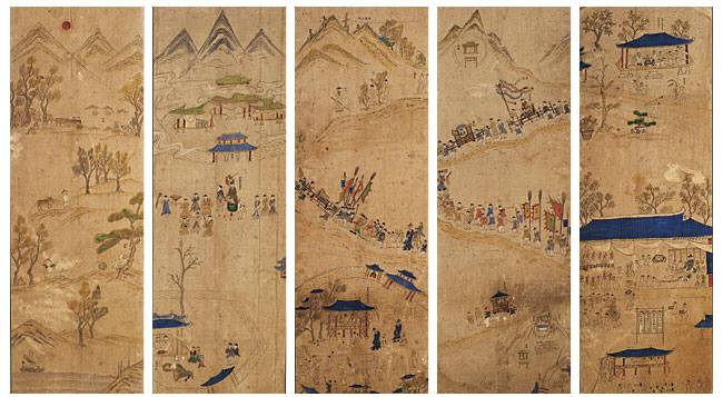 조선 하급 관리를 지낸 문창석이라는 인물의 ‘이력도’. 10세부터 39세까지 이력을 담은 10폭 병풍 중 왼쪽부터 2폭(그림 1), 5폭(그림 2), 8폭(그림 3), 9폭(그림 4), 10폭(그림 5)이다.  서울역사박물관 제공