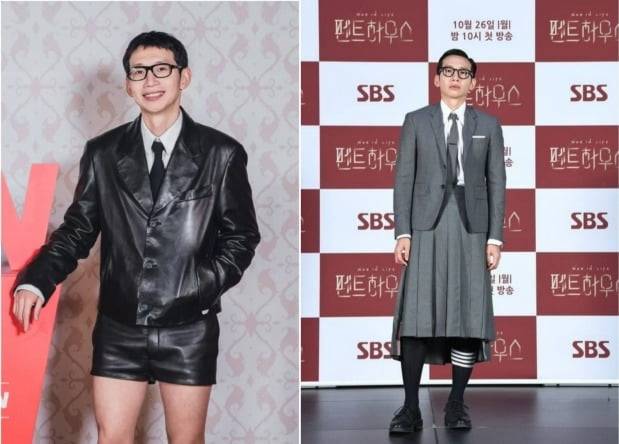 제작발표회 공식 석상에서 숏팬츠, 롱치마 등을 코디하고 나와 눈길을 끌었던 배우 봉태규. /사진 출처=tvN, SBS