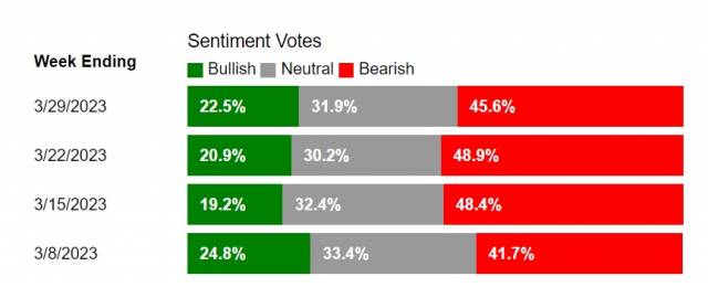 약세와 강세를 점치는 개인투자자협회 조사 결과