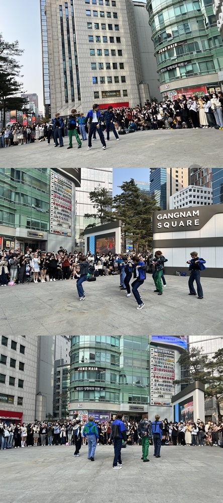 그룹 트렌드지가 1일 오후 서울 강남구 강남스퀘어에서 버스킹 공연을 진행하고 있다. 사진 글로벌에이치미디어