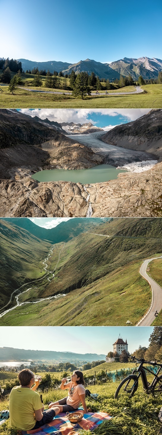 (1번째 사진)스위스의 자전거 길 루트(Route) 1291 (2,3번째 사진)스위스 3대 패스 중 하나인 푸르카패스(Furkapass) 코스. (4번째 사진)하이덱(Heidegg) 성 근교 포도밭