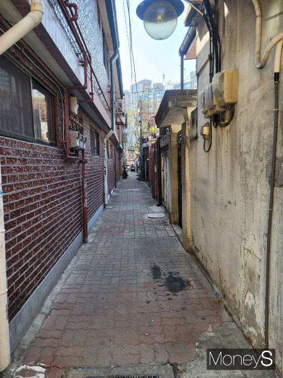 붉은 벽돌로 지어진 주택과 페인트칠이 벗겨져 시멘트벽이 노출된 주택이 마주보고 있다.  /사진=신유진 기자