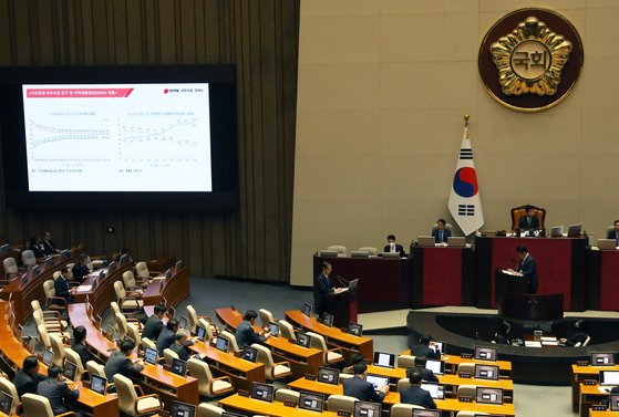 한덕수 국무총리가 4일 서울 여의도 국회 본회의장에서 열린 제405회국회(임시회) 제2차 본회의 경제분야 대정부질문에서 강대식 국민의힘 의원의 질의에 답변하고 있다. 뉴스1