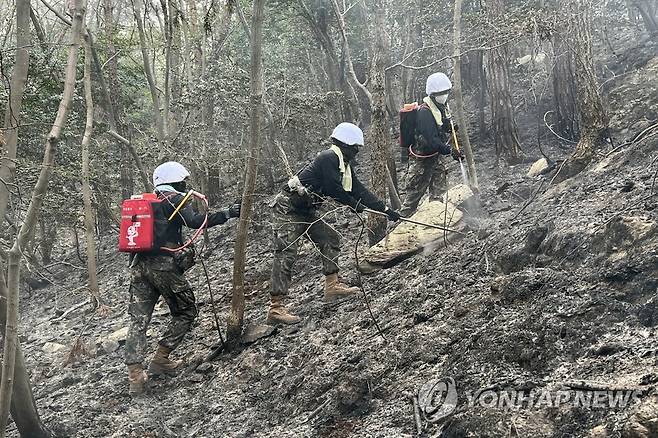 산불 진화 투입된 31사단 장병 (광주=연합뉴스) 4일 육군 제31보병사단은 산불 대응 3단계가 내려진 전남 순천시와 함평군에 장병을 투입해 잔불 정리를 지원하고 있다.
    육군 31사단은 산불 진화가 마무리될 때까지 병력 투입을 지속할 방침이다.
    사진은 이날 잔불 제거 중인 31사단 장병들의 모습. 2023.4.4 [육군 제31보병사단 제공. 재판매 및 DB 금지] hs@yna.co.kr