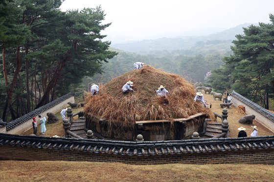 한식을 맞아   (구리=연합뉴스) 박동주 기자 = 한식인 6일 경기도 구리시 동구릉 내 태조 이성계의 무덤인 건원릉에서 봉분을 덮고 있는 억새를 자르는 '청완 예초의'가 치러지고 있다. 2023.4.6   pdj6635@yna.co.kr (끝)  〈저작권자(c) 연합뉴스, 무단 전재-재배포 금지〉