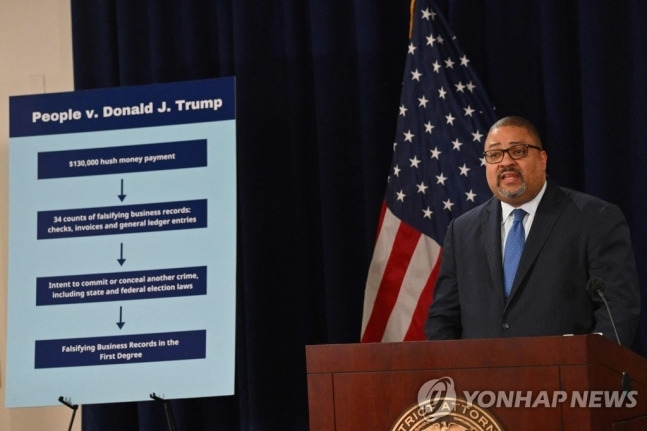 기자 회견하는 앨빈 브래그 맨해튼지검장 (출처=연합뉴스)