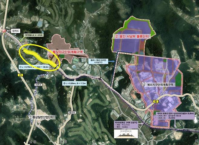 국지도 82호선 개설사업 중 통삼지구 750m구간 위치도(노란색선). / 사진제공=용인특례시