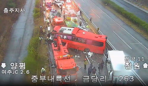 경기 여주시 중부내륙고속도로에서 발생한 버스 역주행 사고 현장. [한국도로공사]