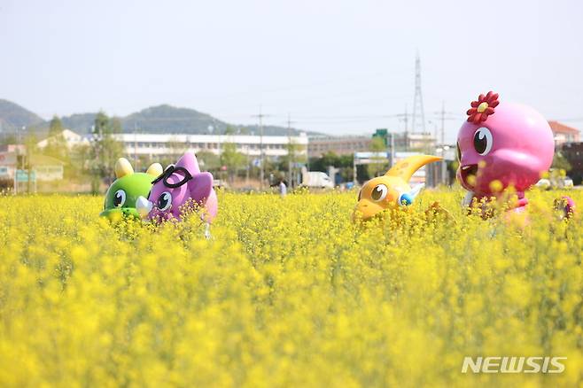 [고성(경남)=뉴시스] 신정철 기자= 경남 고성군이 고성읍 기월리 안뜰 경관농업단지 9.6ha에서 오는 14일부터 17일까지 봄꽃축제를 연다.사진은 단지내 조성된 8.2ha,유채꽃 전경.(사진=고성군 제공).2023.04.05. photo@newsis.com