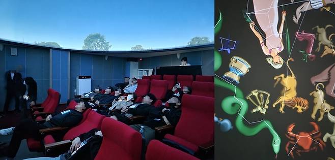 [정읍=뉴시스] 이동민 기자 = 천체투영실에서 별자리·행성 시뮬레이션을 시청하고 있다(왼쪽). 스크린에는 별자리가 떠 있다. *재판매 및 DB 금지