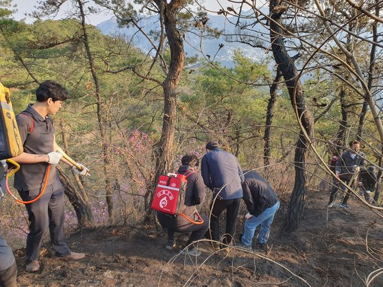 지난 3일 서울 종로구 직원들이 인왕산에서 전날 발생한 산불에 대한 불씨 제거 작업을 하고 있다. 사진 종로구=뉴스1