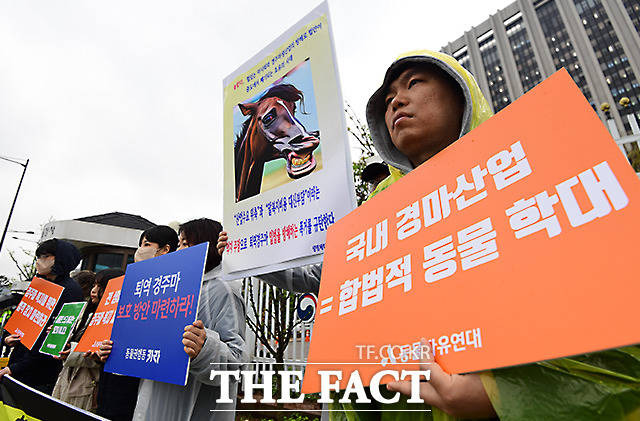 녹색당 동물권위원회를 비롯한 동물권 단체들이 11일 오후 서울 종로구 세종대로 정부서울청사 앞에서 퇴역 경주마 복지 체계 수립을 촉구하는 기자회견을 갖고 있다./임영무 기자