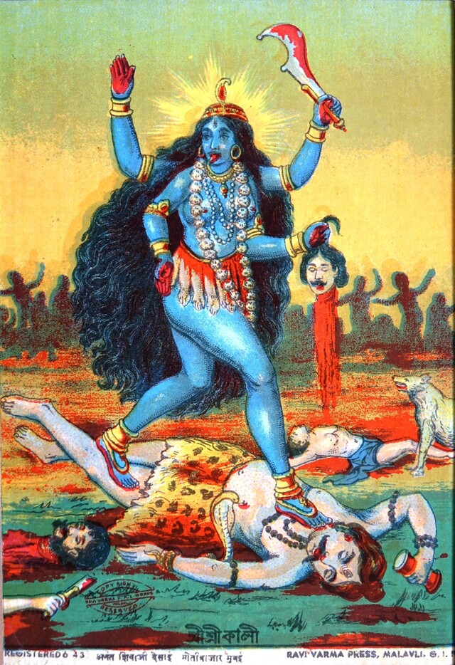 인도 힌두 여신 칼리는 혀를 빼물고 있다. 그의 혀는 생명과 죽음의 상징이 된다. 위키미디어 코먼스