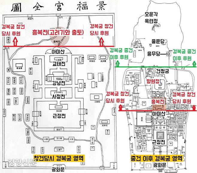 경복궁 창건당시(1390년대)의 영역과 중건(1865~68) 이후의 영역은 다르다. 창건당시에 교태전과 아미산 이후에는 후원으로 조성되어 있었다. 중건 이후에는 원래의 후원지역에 건청궁을 비롯한 여러 전각과 연못(향원정)이 조성됐다. |오동선·김동희의 논문에서