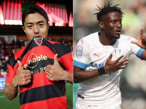 포항 백성동(왼쪽), 수원 삼성 아코스티. 사진제공 | 한국프로축구연맹